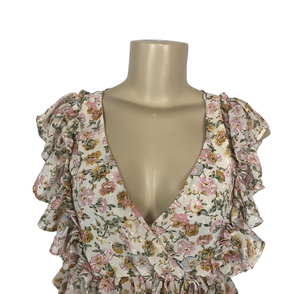Fashion Nova Floral Print Ruffle Wrap Crop Top Size S Cream V-Neck Coquette Y2K - Picture 2 of 8